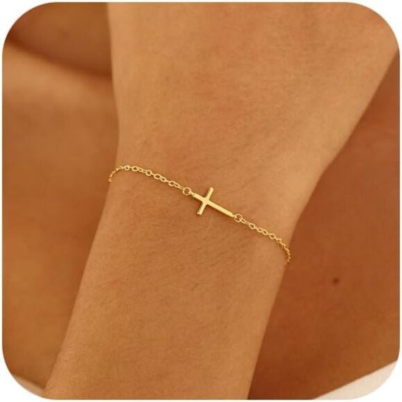 Gold Cross Bracelet for Women Dainty 14K Gold Plated Hypoallergenic Gifts - Picture 1 of 7